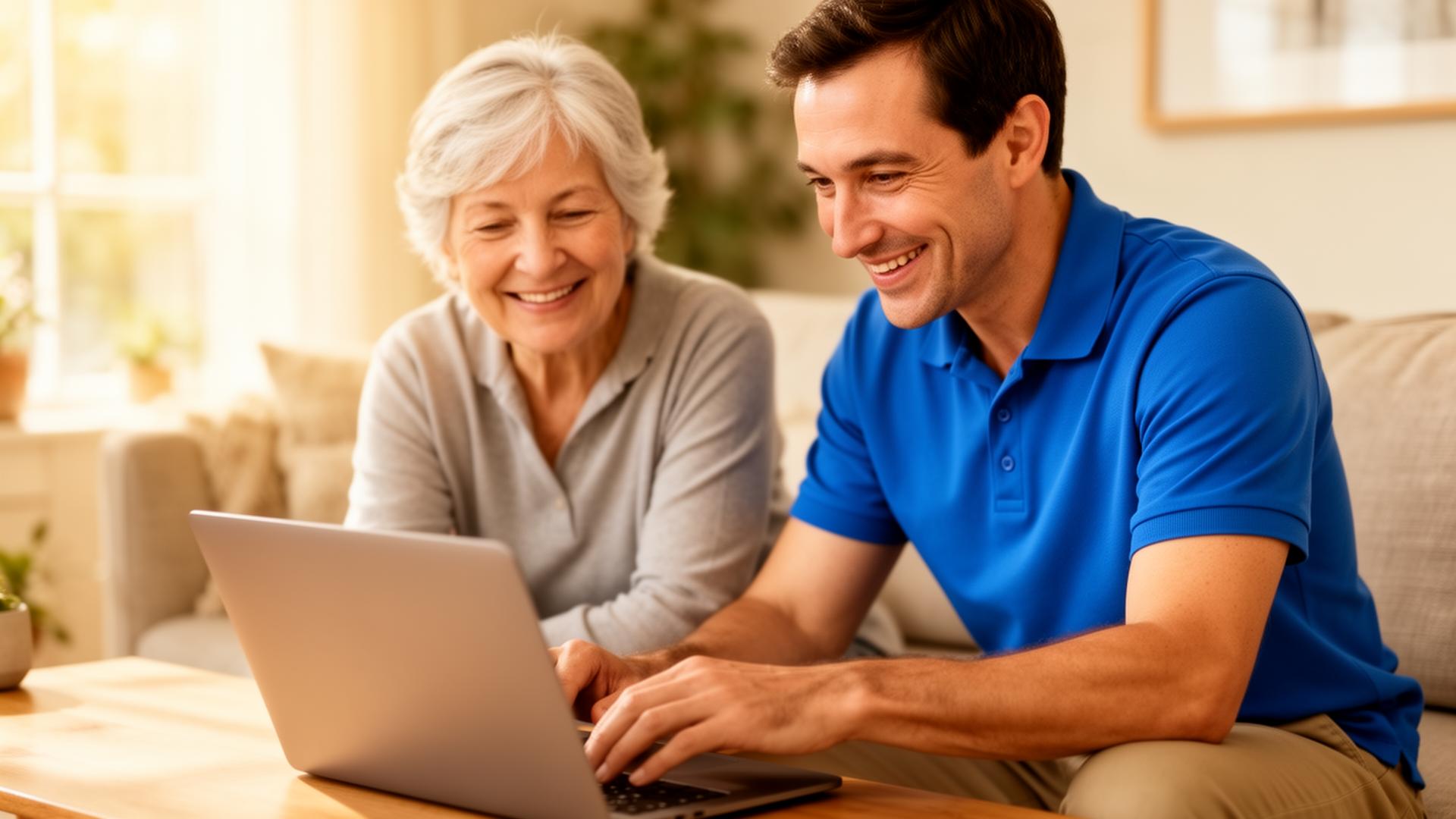 Friendly TechEase technician helping a senior with her laptop in her San Antonio home
